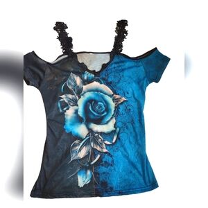 Blue/Black Cold Shoulder Top